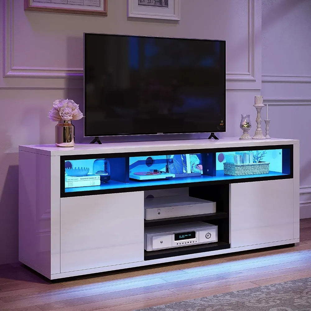 Modern LED TV Stand for 55", High Glossy Wood TV Console with 2 Storage Cabinet for Bedroom, Black & White