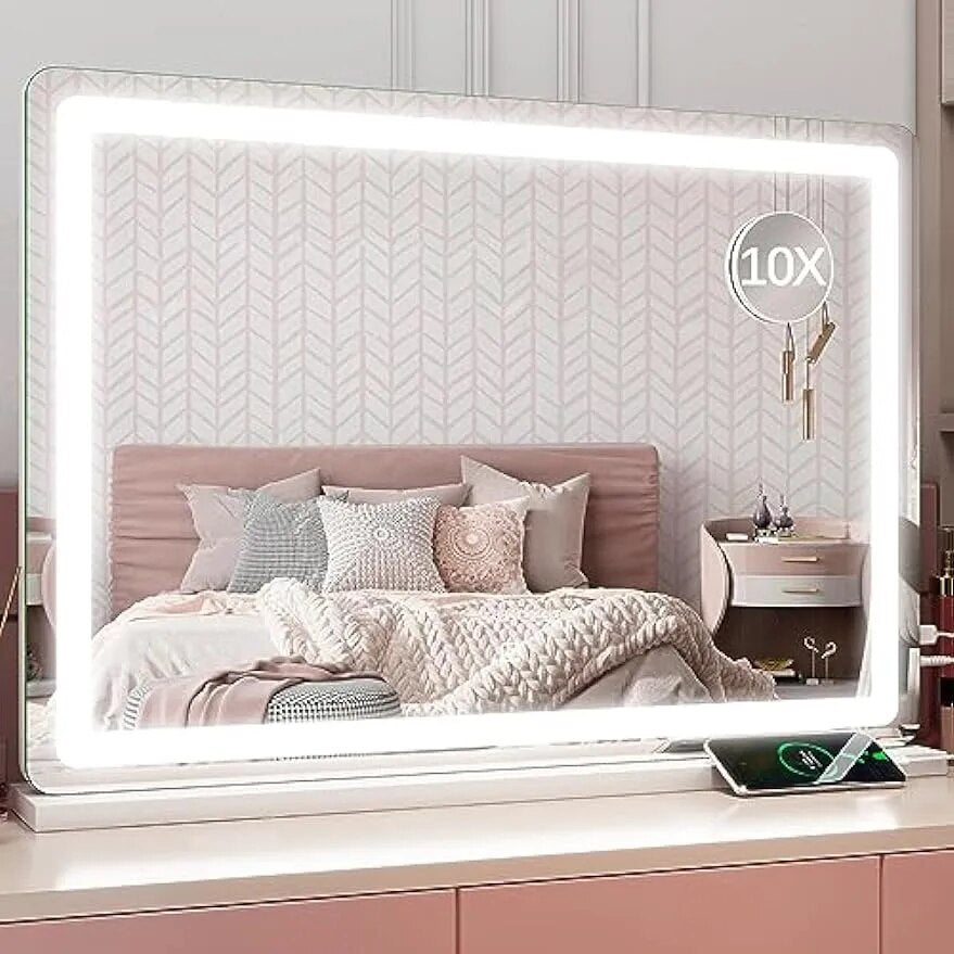 Modern Cosmetic Mirror with Lights/ Detachable 10X Magnification, Touch Screen Control
