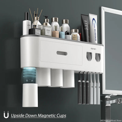 Modern -Magnetic Adsorption Inverted Toothbrush Holder: Automatic Wall Mounted  Toothpaste Squeezer/ Storage Rack Organizer