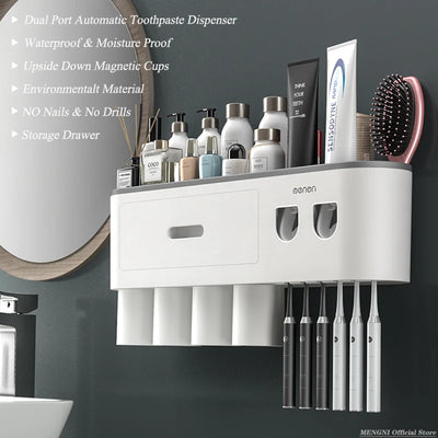 Modern -Magnetic Adsorption Inverted Toothbrush Holder: Automatic Wall Mounted  Toothpaste Squeezer/ Storage Rack Organizer