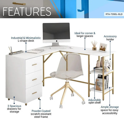 L-Shape Office Desk with Storage, Gold