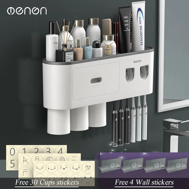 Modern -Magnetic Adsorption Inverted Toothbrush Holder: Automatic Wall Mounted  Toothpaste Squeezer/ Storage Rack Organizer