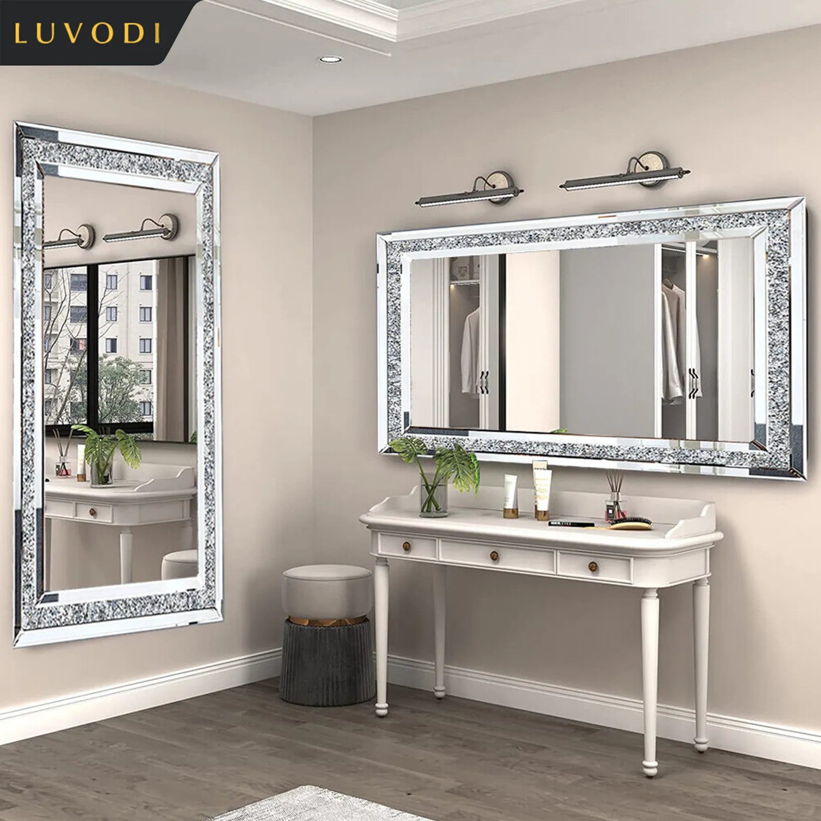 modern Large Silver Sparkly Crystal Vanity Mirrors-Wall Mounted Dressing Mirror