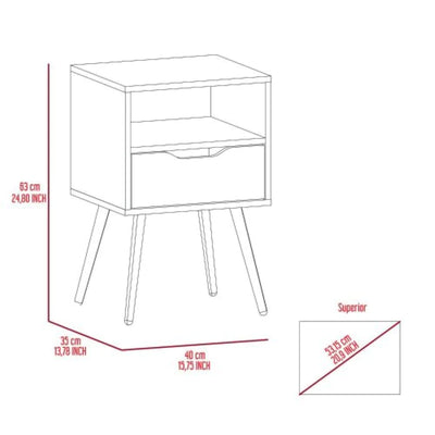 Modern Unique small Nightstand , Open Shelf, Single Drawer, Smokey Oak / White Finish