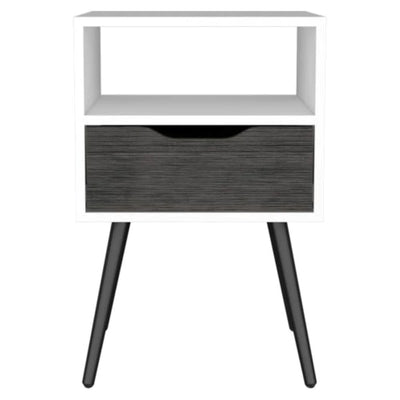 Modern Unique small Nightstand , Open Shelf, Single Drawer, Smokey Oak / White Finish