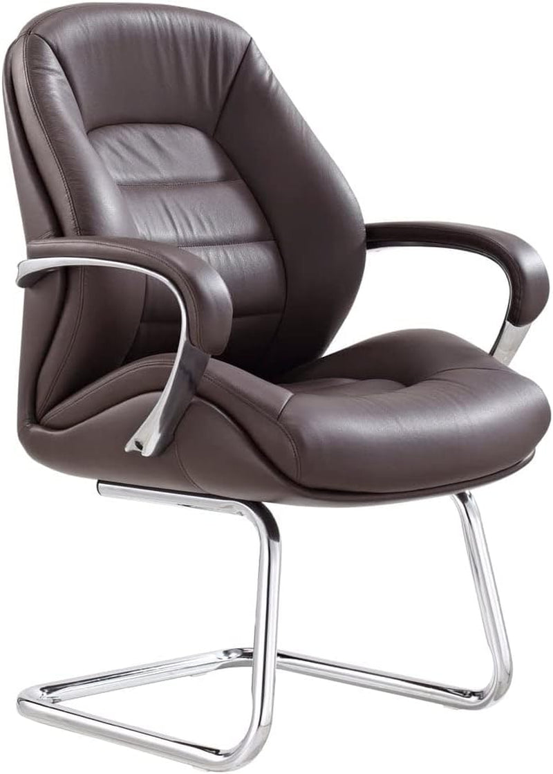 Modern Brown  Leather and Chrome Side Chair with Aluminum Base - Comfy office Chair