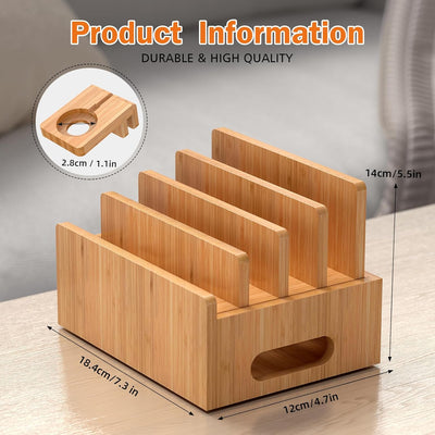 Modern Bamboo Charging Station for Multi-Device- Charging Dock Stand (Include 6 Charger Cables, Watch Stand, NO USB Charger)