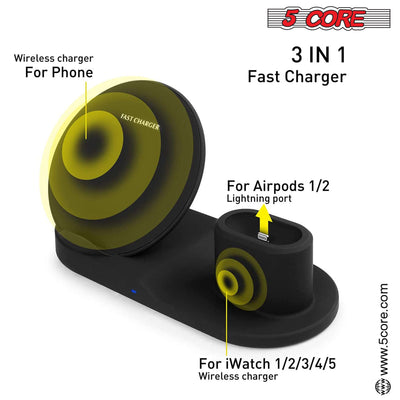 5 Core Wireless Charging Station 3 in 1 Wireless Charger Stand QI Fast Wireless Charging W Dual Coil for Samsung Iphone for Apple Watch Airpod -WCR 3